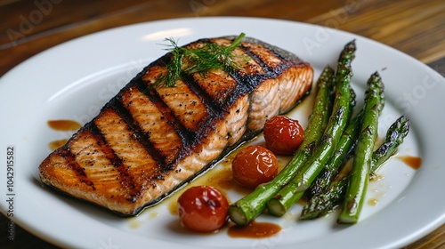 2410 100.Grilled salmon steak with a golden sear, accompanied by green asparagus and roasted cherry tomatoes, artfully arranged on a clean white plate, with a rustic wooden table as the backdrop.