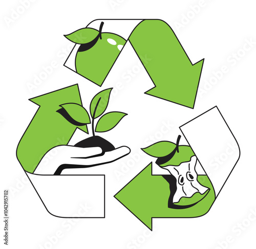 Food recycling - sign in thin line with fruit turns to waste and then turns to plant