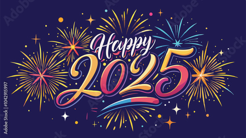 Elegant Cursive Happy New Year 2025 Surrounded by Sparkling Fireworks and Twinkling Stars Vector Design