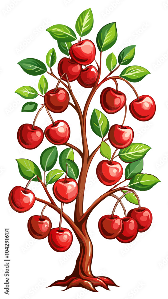 cherry tree with leaves, Vector illustration of cherry berries .