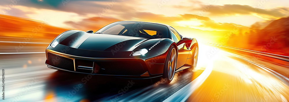 Fototapeta premium A sleek black sports car speeds down a winding road during sunset, capturing the thrill of automotive performance and design