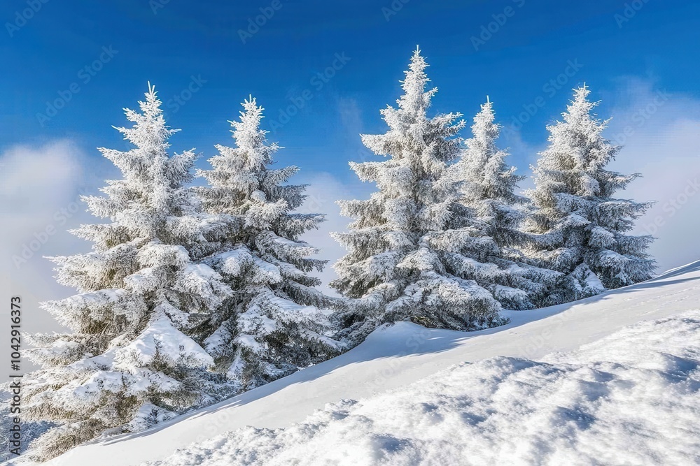Winter wonderland with -covered fir trees clear blue sky Winter wonderland with -covered fir trees clear blue sky