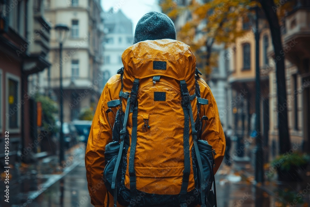 A Person Walking in the Rain with a Yellow Backpack A Person Walking in the Rain with a Yellow Backpack