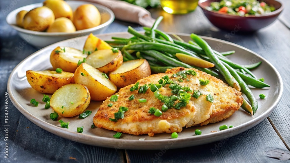 Low angle view of delicious chicken escalope dish with roasted potatoes and green beans Low angle view of delicious chicken escalope dish with roasted potatoes and green beans
