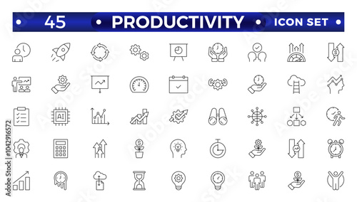 Productivity outline icon set. Containing efficiency, task, focus, multitasking, workflow, growth, routine, project management, automation and productive. Vector outline symbol collection.