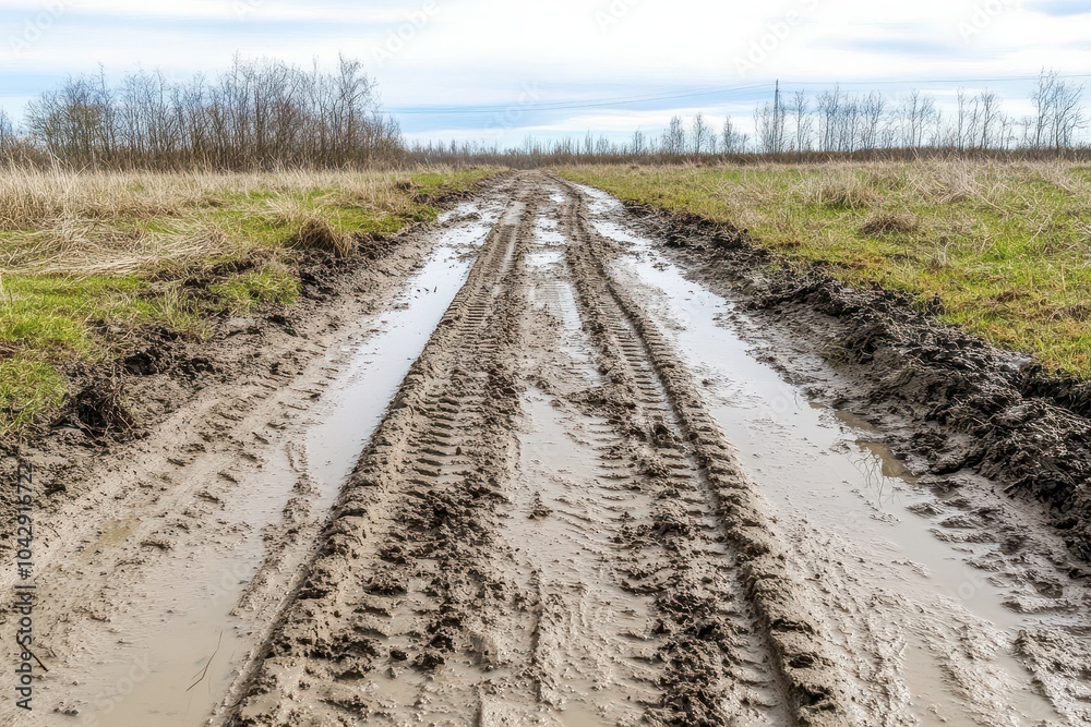 Muddy rural road rain leading to horizon Muddy rural road rain leading to horizon