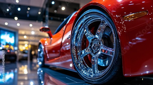 2410 23.Detailed shot of a sports carâ€™s chrome wheels, highlighting the intricate design of the rims and the smooth, sleek tire surface, displayed in a glossy showroom under professional lighting.