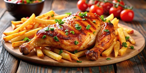 Low angle view of delicious piri piri chicken with crispy fries