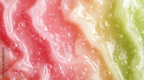 Top view of pink and green jelly, white background, lime juice droplets, glossy textures, fresh and vibrant look. photo