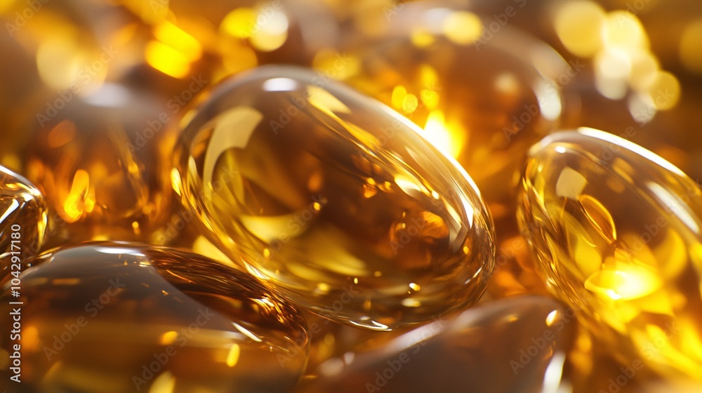 2410 59.Multiple softgels in varying shades of gold and yellow, captured in extreme close-up, their glossy surfaces and translucent nature glowing softly under focused lighting.