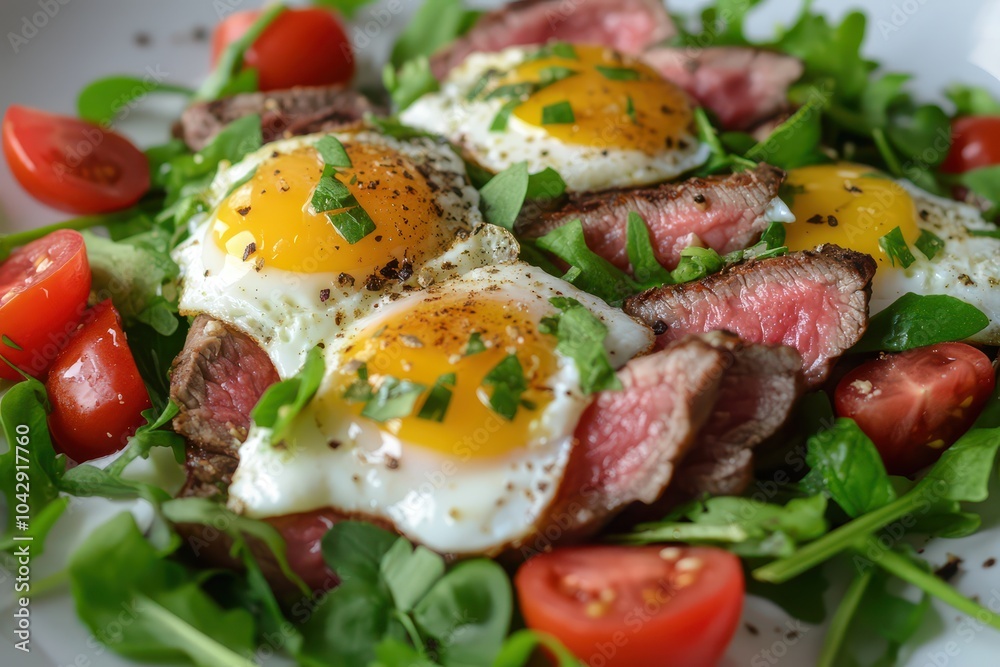 Delicious steak eggs breakfast with fresh tomatoes arugula Delicious steak eggs breakfast with fresh tomatoes arugula