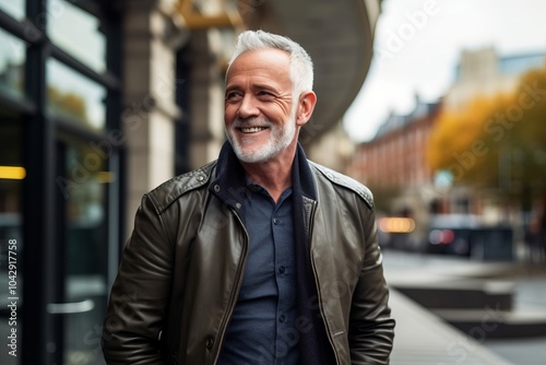 Portrait of happy senior man in leather jacket looking at camera outdoors