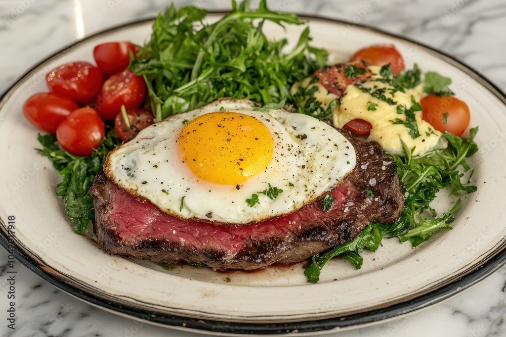 Succulent steak topped with fried egg on bed of greens Succulent steak topped with fried egg on bed of greens