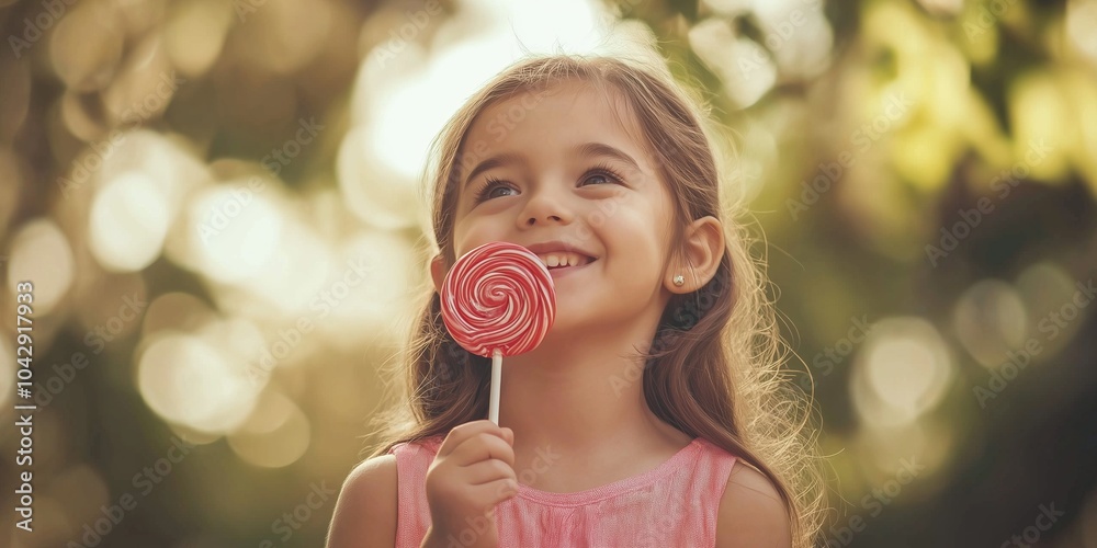 A young girl is holding a red lollipop and smiling. Concept of happiness and innocence, as the girl is enjoying a simple pleasure in life A young girl is holding a red lollipop and smiling. Concept of happiness and innocence, as the girl is enjoying a simple pleasure in life