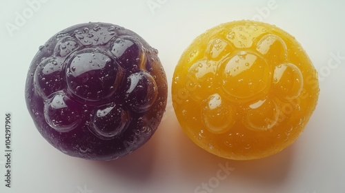 Top view of yellow and purple jelly, clean white setting, grape juice, smooth and shiny finish, playful contrast. photo