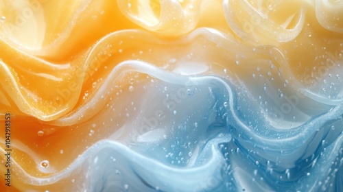 Yellow and blue jelly, white backdrop, lemon juice droplets, smooth and glossy, playful and striking composition. photo