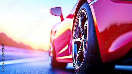 Dynamic Close-Up of a Sporty Red Car Wheel in Motion