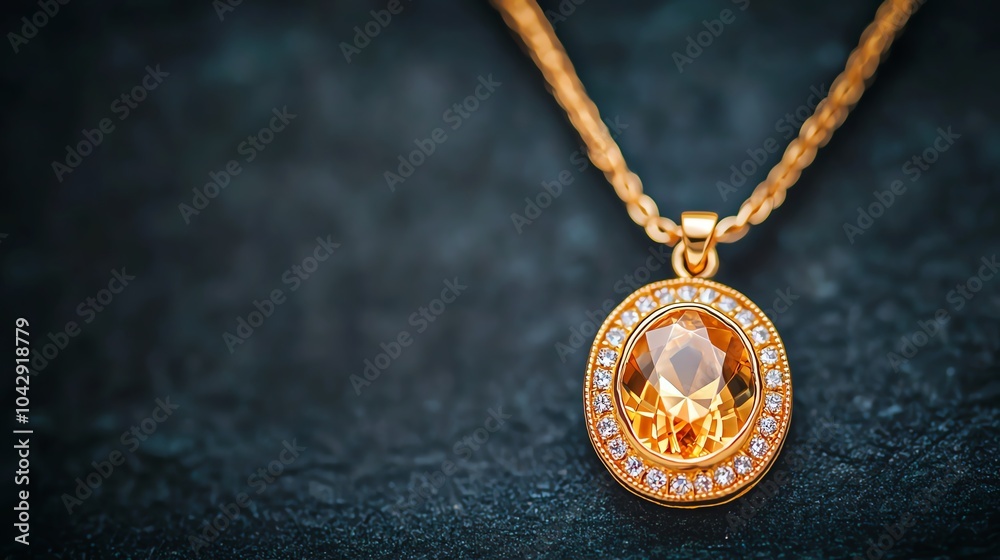 A golden necklace with a large gemstone centerpiece displayed on a dark background, gold necklace, luxurious jewelry