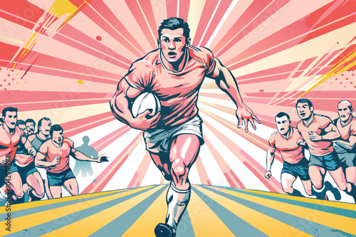 Dynamic Rugby Player Charging Forward with Team in Action Illustration