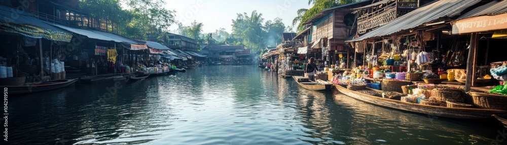 A vibrant market scene along a tranquil waterway, showcasing local goods and culture. A vibrant market scene along a tranquil waterway, showcasing local goods and culture.