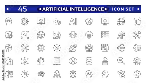 Artificial intelligence set of outline web icons. AI technology icons for web and mobile app. Machine learning, digital AI technology, algorithm, smart robotic, cloud computing, AI Assistant.