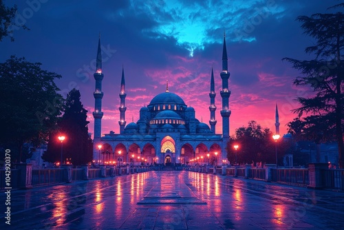 Illuminated Mosque with Minarets at Sunset photo