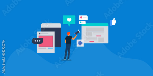 Influencer people holding speaker in hand indicates content marketing for website and social media audience engagement, vector illustration web banner.