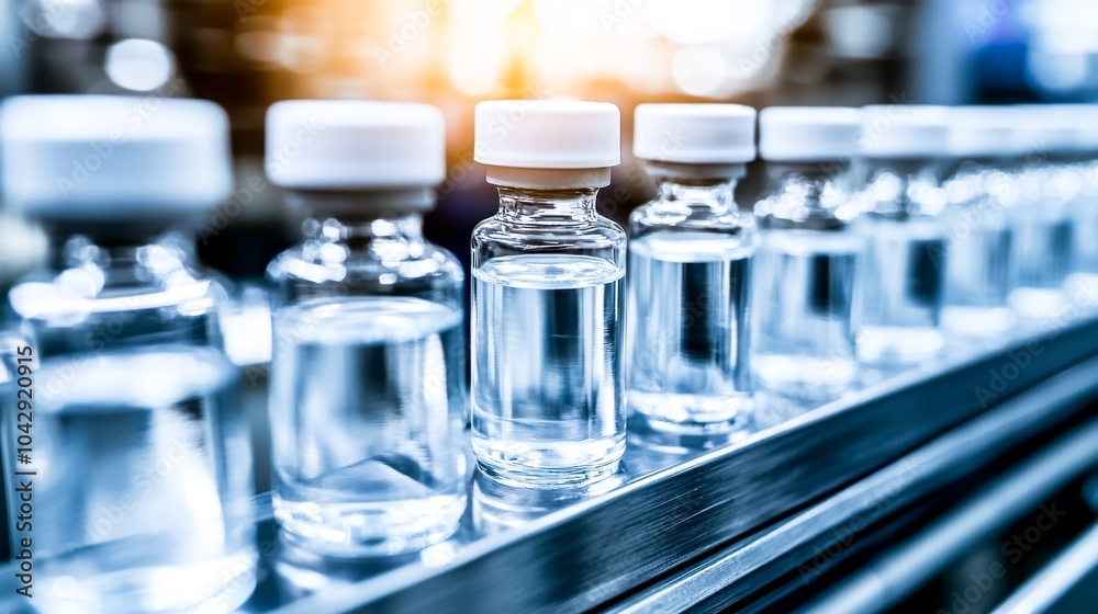 Medical vials on the production line in a pharmaceutical factory - A symbol of an efficient manufacturing process ensuring the safety and quality of pharmaceutical products. Medical vials on the production line in a pharmaceutical factory - A symbol of an efficient manufacturing process ensuring the safety and quality of pharmaceutical products.