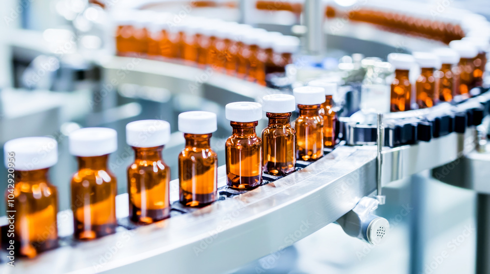 Medical vials on the production line in a pharmaceutical factory - A symbol of an efficient manufacturing process ensuring the safety and quality of pharmaceutical products. Medical vials on the production line in a pharmaceutical factory - A symbol of an efficient manufacturing process ensuring the safety and quality of pharmaceutical products.
