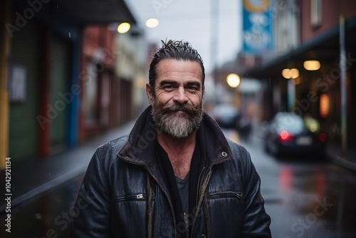 Portrait of a handsome man with long beard and mustache, wearing a leather jacket, standing on a city street.