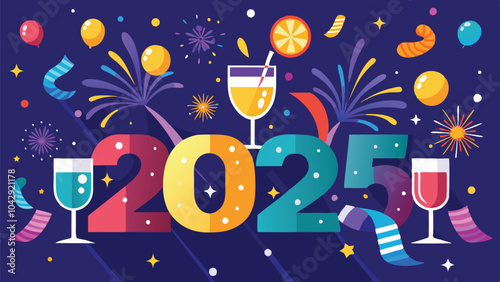 Celebrate the Arrival of 2025 with Glowing Fireworks Champagne Glasses and Festive Confetti Background Vector Art