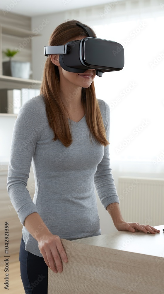 A woman wearing a virtual reality headset, engaged in an immersive experience. A woman wearing a virtual reality headset, engaged in an immersive experience.