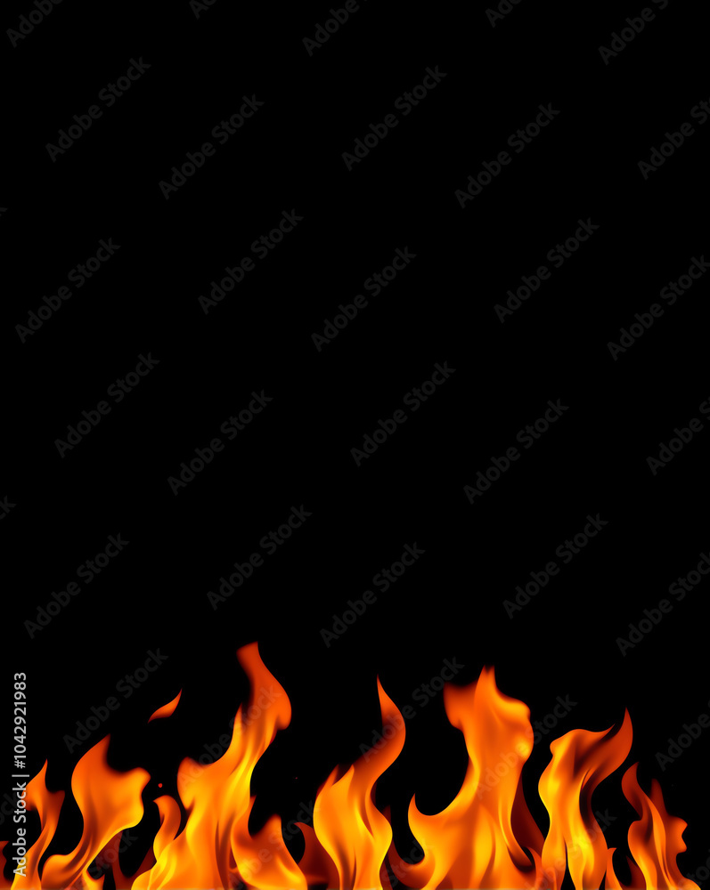 Fire flames dancing against a stark black background, creating a striking contrast and an intense visual effect