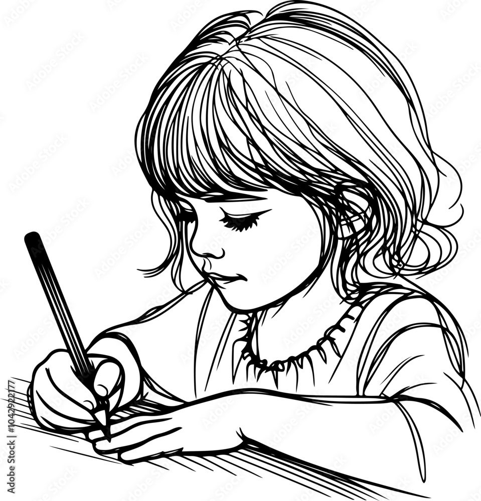 A preschool girl old sits at a table and draws. Children creativity concept. Pen and Ink Drawing, black and white vector cartoon illustration A preschool girl old sits at a table and draws. Children creativity concept. Pen and Ink Drawing, black and white vector cartoon illustration