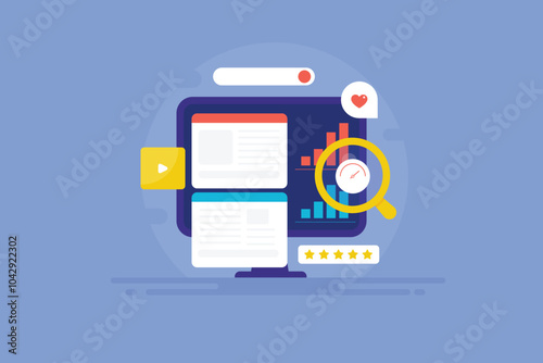 Search Engine Optimization, website analytics graph on pc screen, loading time and engaging content for user search, internet technology vector illustration.