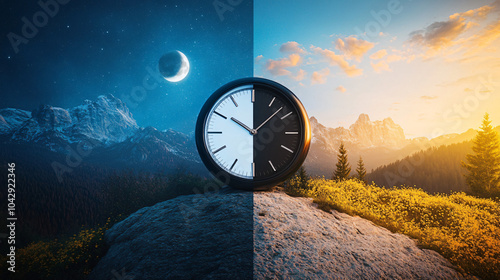 A split image showing day and night on either side, illustrating the concept of daylight saving time.