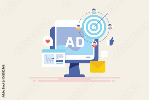Target audience based on interest, accomplish business objective branding, conversion and engagement with social media advertising, conceptual vector illustration.