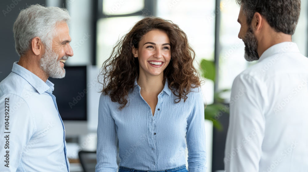 Fototapeta premium diverse group of businesspeople engaging in friendly conversation, showcasing collaboration and positive interactions in modern office environment