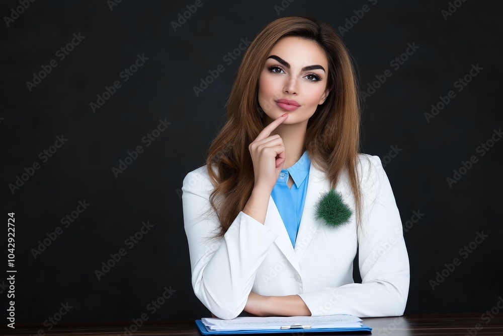 The image depicts a thoughtful businesswoman against a stark black background, with her hand on her chin, conveying deep contemplation and focus. The image depicts a thoughtful businesswoman against a stark black background, with her hand on her chin, conveying deep contemplation and focus.