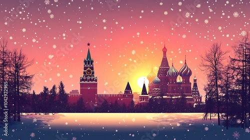 Minimalist flat illustration of Moscow's Red Square, featuring the silhouettes of Saint Basil's Cathedral and the Kremlin, set against a soft winter gradient background, clean lines, simple shapes, photo