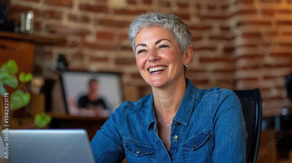 happy middle aged business woman wearing denim shirt smiles while working on her laptop in cozy office setting. warm atmosphere enhances her joyful expression happy middle aged business woman wearing denim shirt smiles while working on her laptop in cozy office setting. warm atmosphere enhances her joyful expression