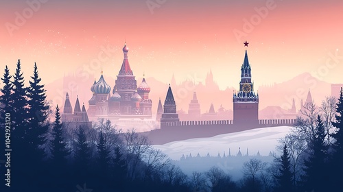 Minimalist flat illustration of Moscow's Red Square, featuring the silhouettes of Saint Basil's Cathedral and the Kremlin, set against a soft winter gradient background, clean lines, simple shapes, photo