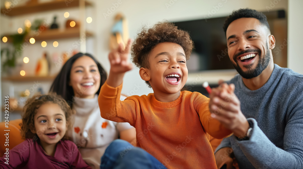 Obraz premium A joyful family shares a fun moment at home, with two kids laughing and parents smiling warmly in a cozy living room