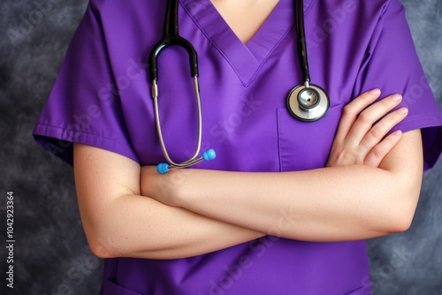 The close-up image features a healthcare professional wearing a purple medical outfit, with a stethoscope casually draped around her neck, suggesting readiness and professionalism. photo