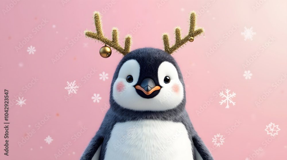Fototapeta premium Adorable penguin in reindeer antlers, festive Christmas cheer!
