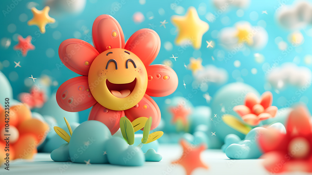 Obraz premium Colorful, cartoonish scene with a smiling flower, colorful, playful shapes and elements and stars