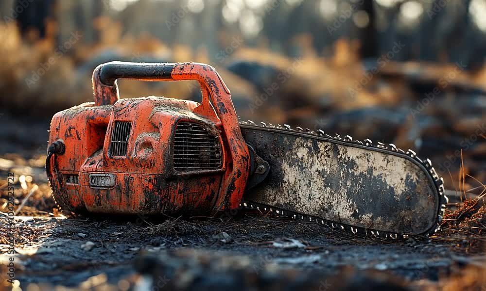 An old, dirty chainsaw rests on the ground amidst dry foliage. An old, dirty chainsaw rests on the ground amidst dry foliage.