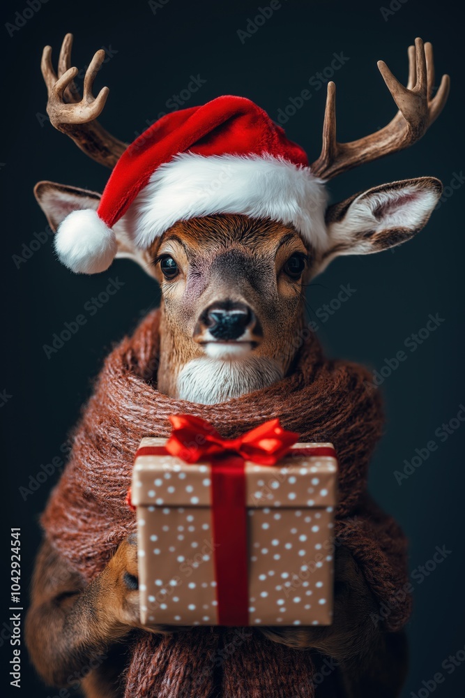 A deer is holding a brown box with a red bow on it. The deer is wearing a red hat and a red scarf A deer is holding a brown box with a red bow on it. The deer is wearing a red hat and a red scarf