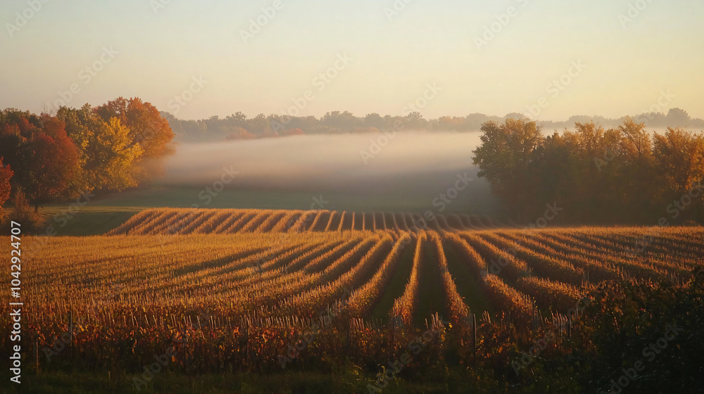 Fototapeta premium A serene morning fog enveloping the harvest fields, creating a mystical atmosphere for the season.