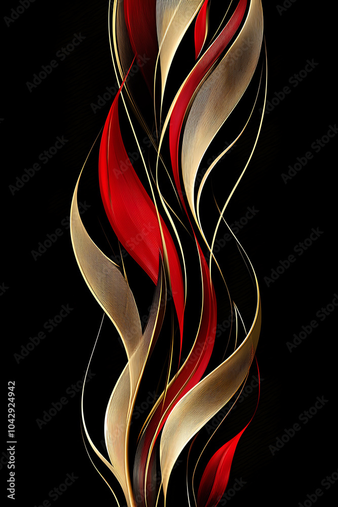 Fototapeta premium sleek and elegant abstract design featuring red and gold curved lines flowing across a black background. This minimal yet dynamic image is ideal for luxury-themed projects